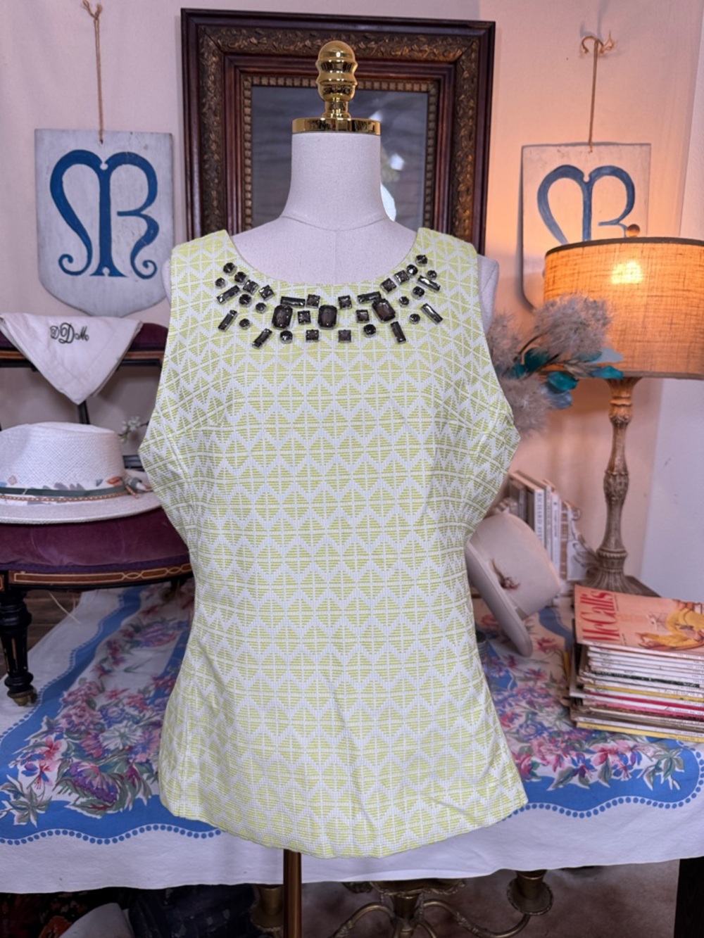 Dex Yellow Geometric Embellished Neck Shell Top